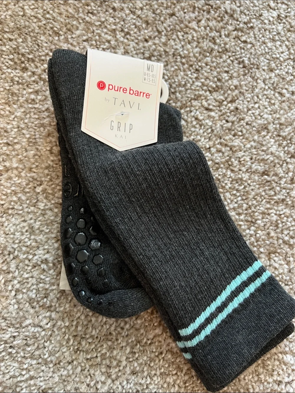 NWT Pure Barre Women’s Charcoal Grip Socks with Teal Stripes
